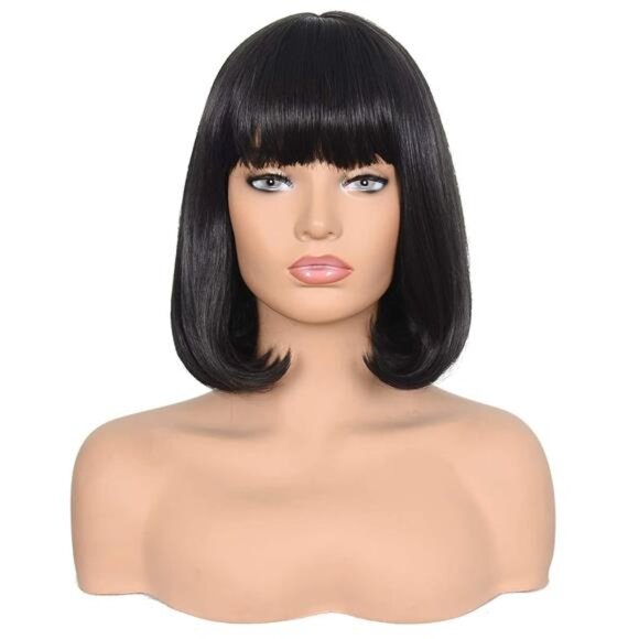 Short Straight Bob Wig Heat Resistant Hair with Blunt Bangs Natural - Picture 1 of 7